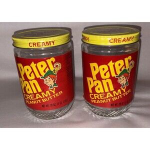 2 -Vintage Peter Pan Creamy Peanut Butter Glass Advertising Jars with Yellow Lid